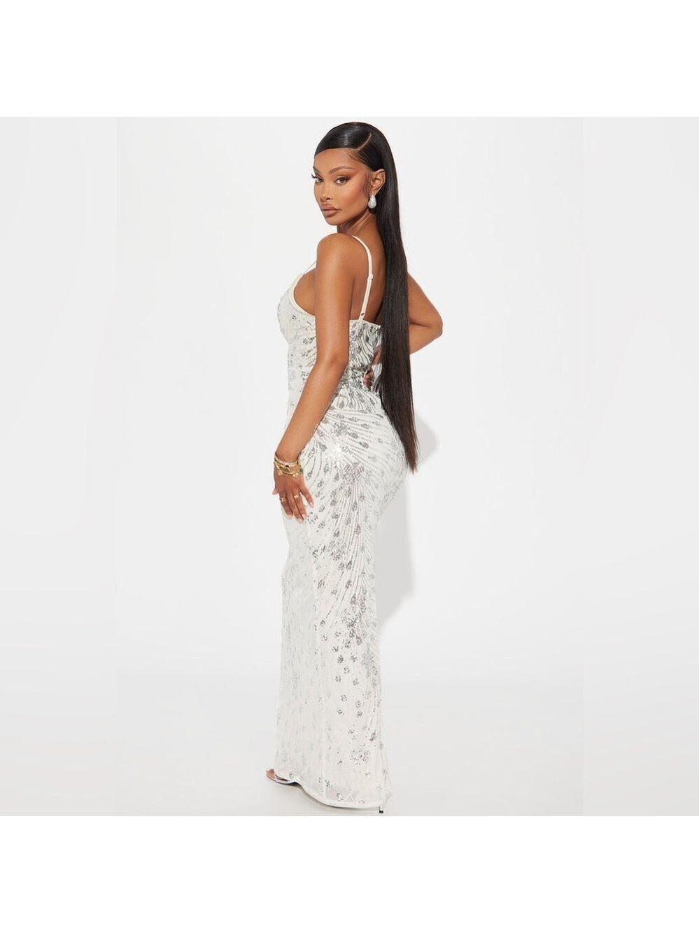 Fashion Nova Adriana Silver Sequin Maxi Dress Silver - Size Small